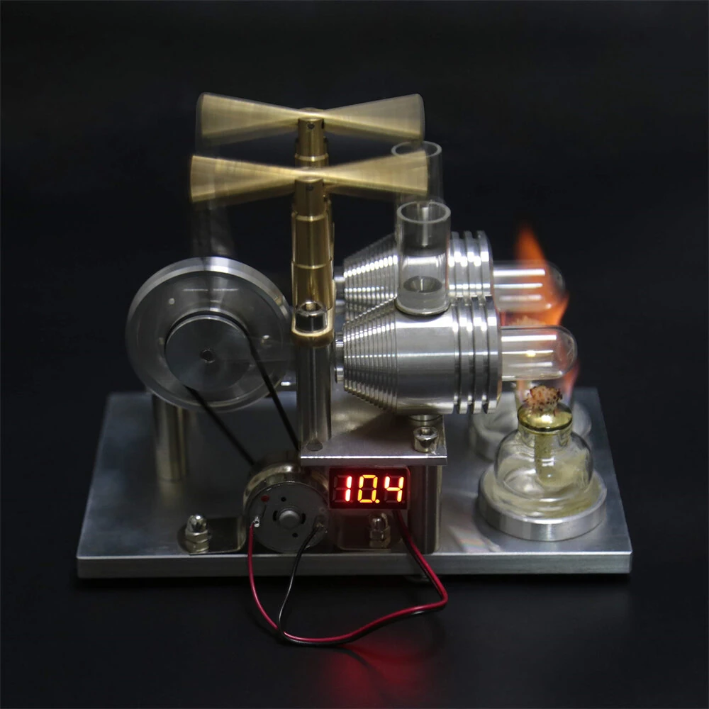 Balance Type Hot Air Dual Cylinder Stirling Engine Generator Model with LED Bulb Voltage Digital Display Meter Physics Experiment Science Education Toys